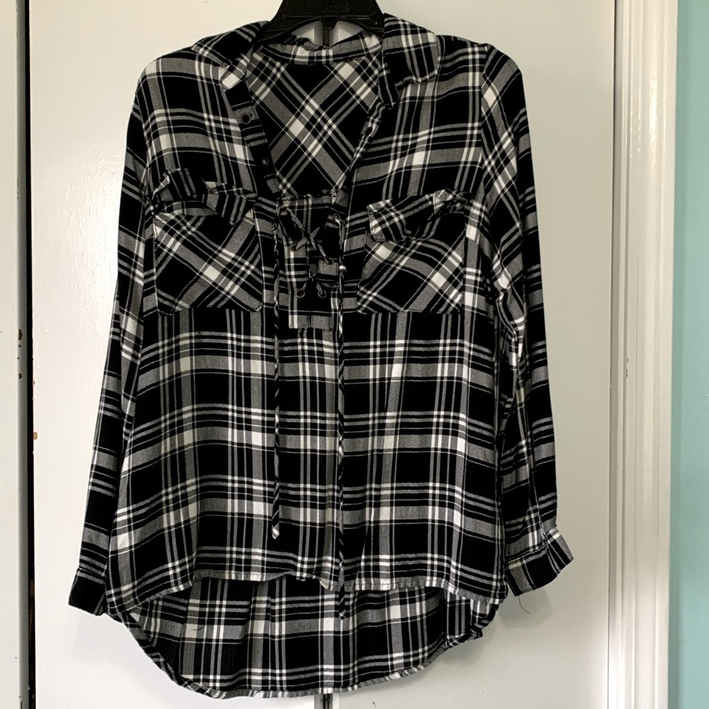 Plaid Blouse with tie up neck line